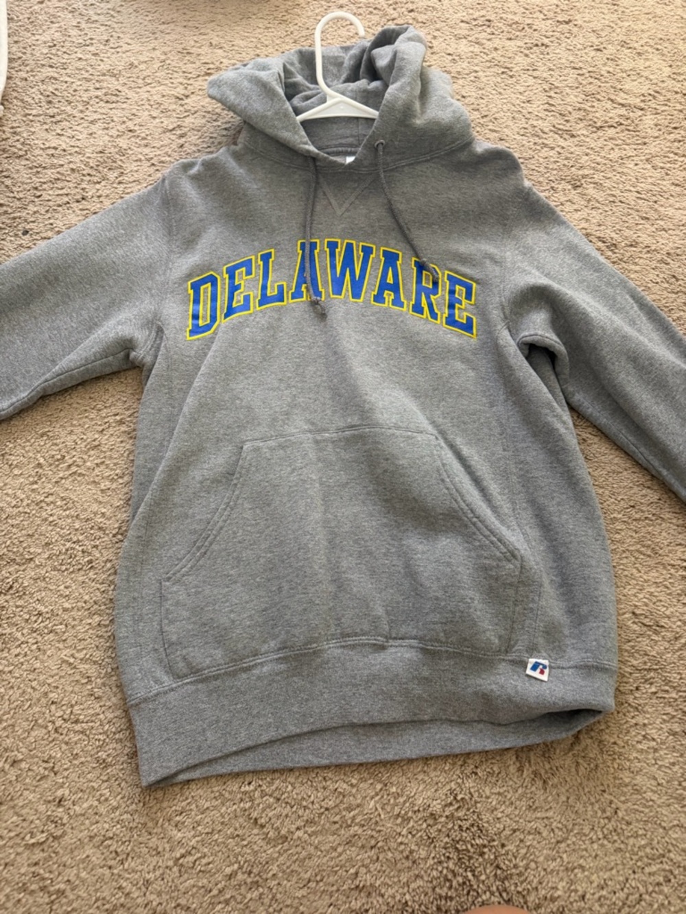 Russell Athletic Gray Hooded Sweatshirt with Blue & Yellow Delaware Logo
